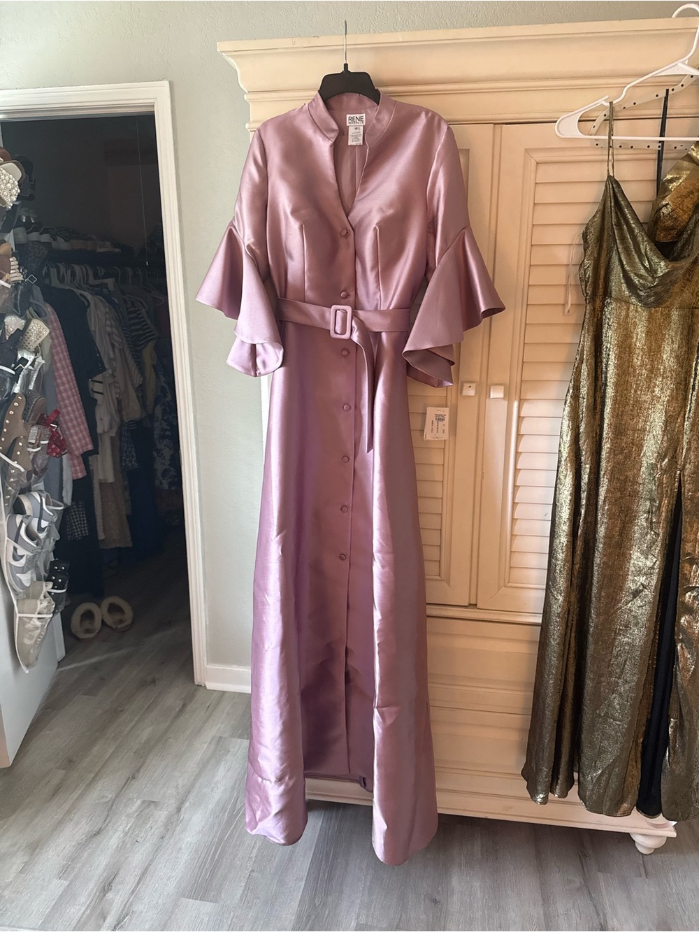 Rene Rofe Lavender Satin Button-Front Maxi Dress with Belt NWT